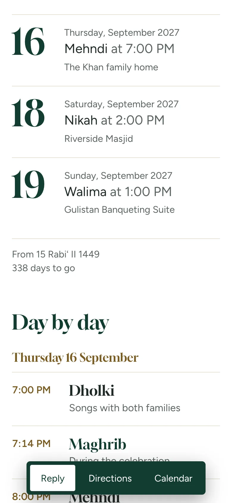 A wedding’s days on a phone: the Mehndi, the Nikah and the Walima, each with its date, time and place