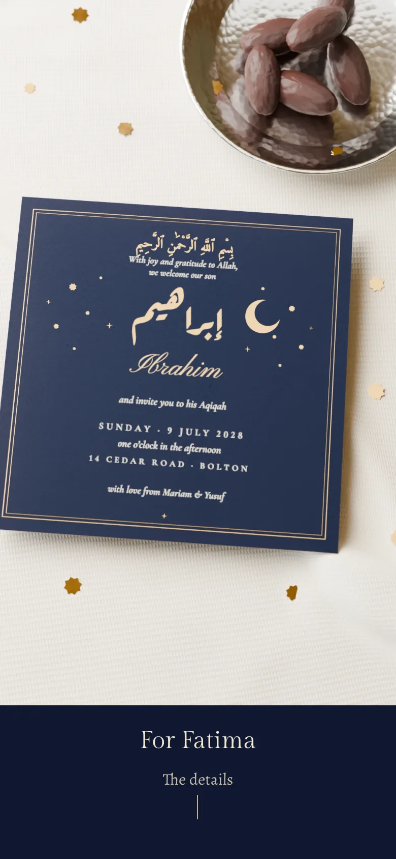 An Aqiqah invitation on a phone: a night-blue card with a gold crescent and stars, for baby Ibrahim, his name in Arabic and English