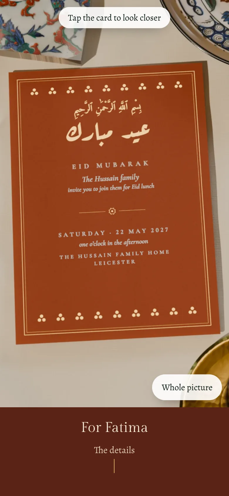 An Eid lunch invitation on a phone: a terracotta card saying Eid Mubarak, from the Hussain family