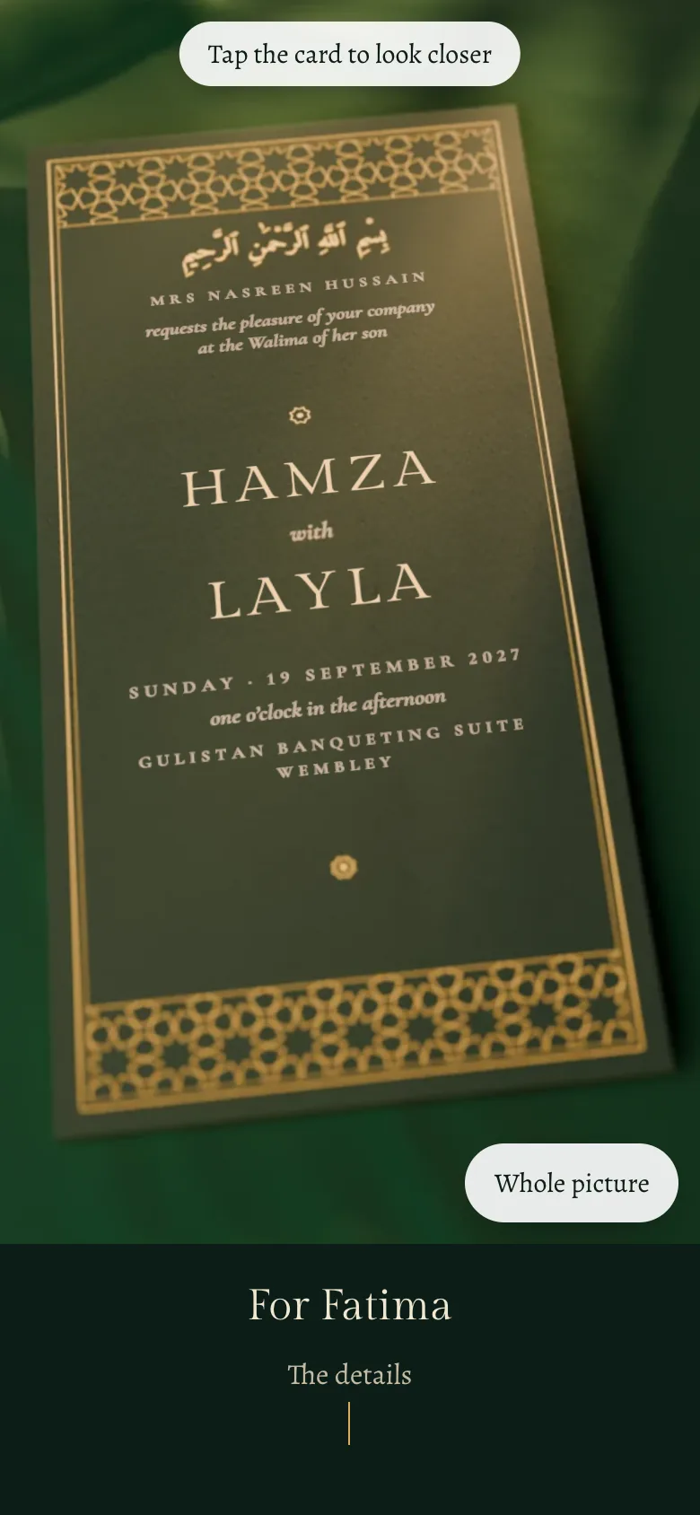 A Walima invitation on a phone: a tall emerald card banded with gold lattice, the groom’s mother inviting to the Walima of Hamza with Layla